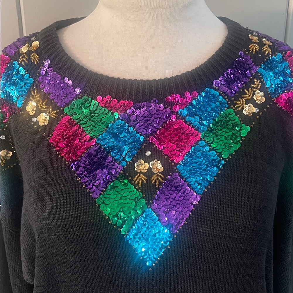 Mister Noah Sequin Sweater Black Vintage Granny Cottagecore 80’s Mobwife Retro
